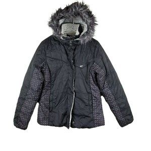 O'Neill Juniors Girls Reversible Snow Ski Jacket Size L Removable Hood Fir Trim